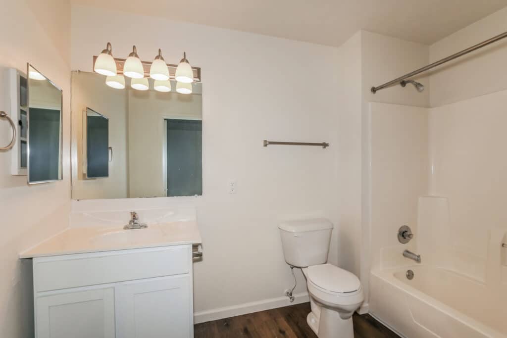 Bathroom with white walls, vanity with sink and mirror, toilet, bathtub with shower, towel bar, and wood-look flooring.