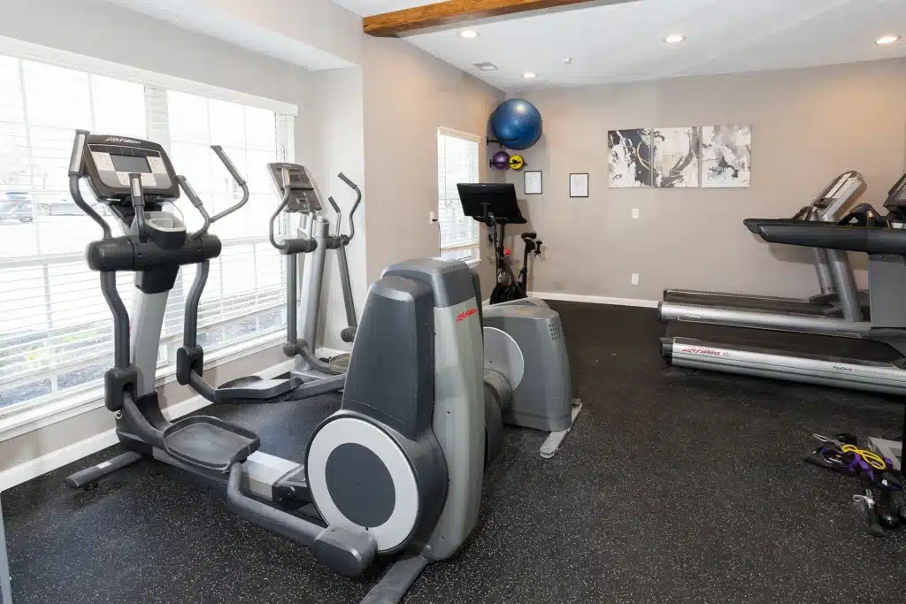 A gym with exercise machines including treadmills, ellipticals, and recumbent bikes, plus wall-mounted fitness balls and artwork on the wall.